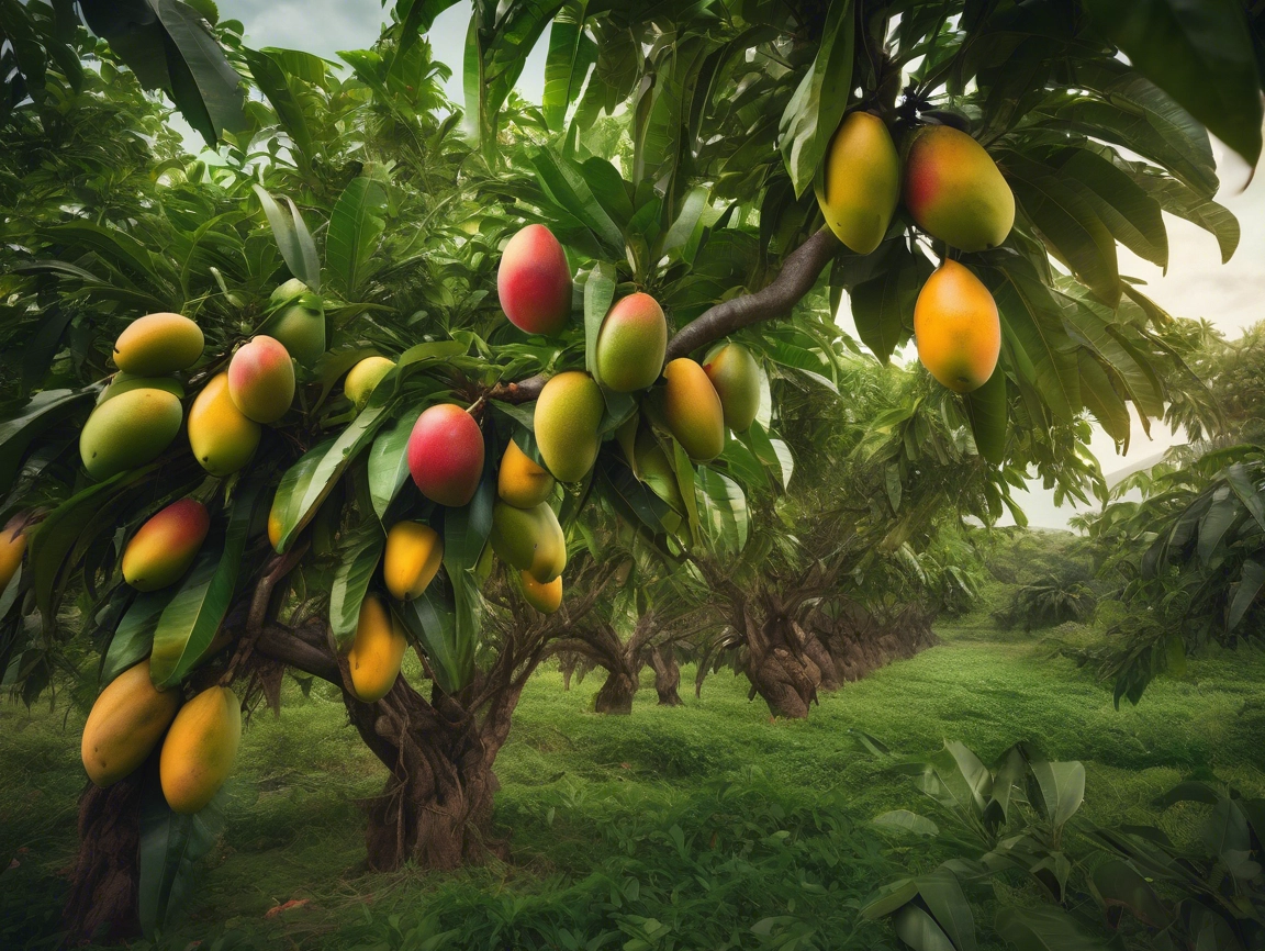 Pés de manga carregados de frutos maduros prontos para a colheita
