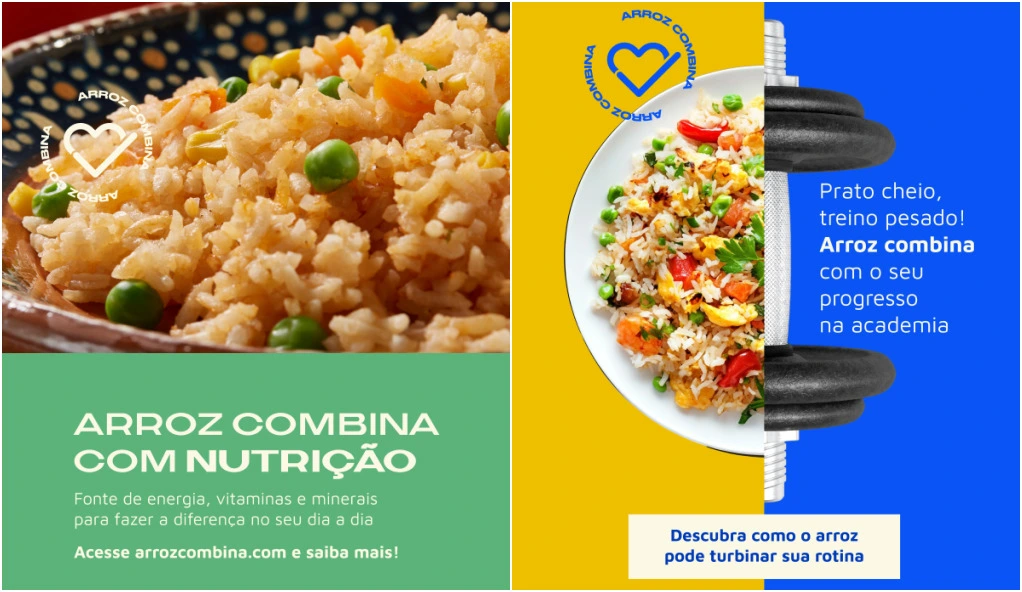 Banner da campanha Arroz Combina mostra pratos variados com arroz brasileiro.