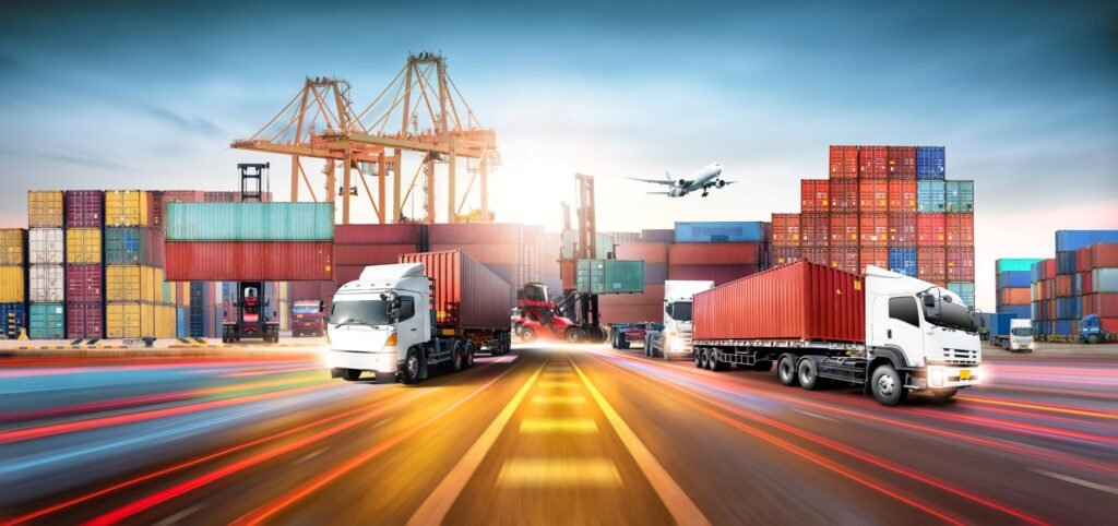 Caminhões transportando contêineres em terminal logístico de exportação, com porto, guindastes, empilhadeiras e avião ao fundo, representando transporte internacional de cargas e comércio exterior.