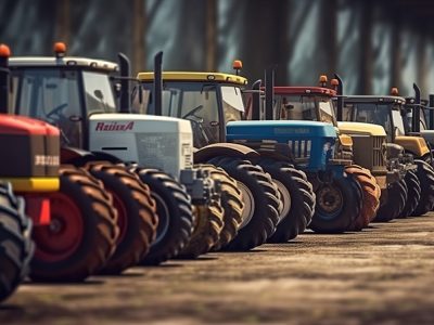 Many different tractors standing in row. Generative AI.