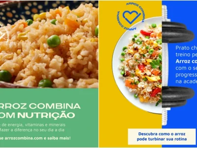 Arroz Combina Banner da campanha Arroz Combina mostra pratos variados com arroz brasileiro.