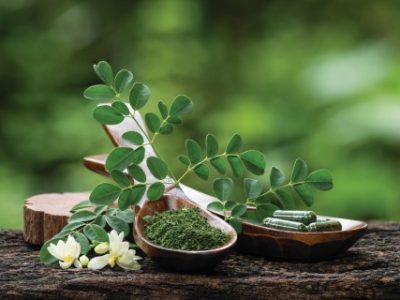 Moringa and powder on nature background.
