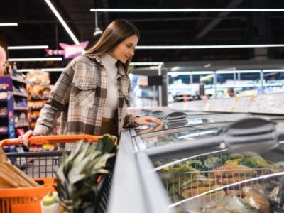 Young woman in frozen food section in supermarket
