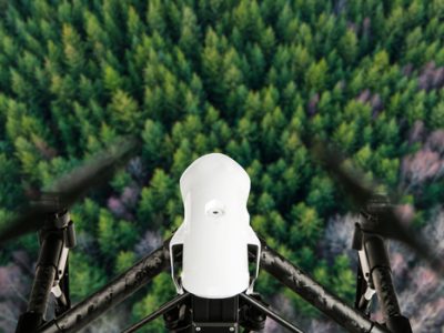 Drone with 4K camera flying, close-up.