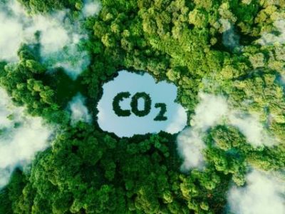 Concept depicting the issue of carbon dioxide emissions and its impact on nature in the form of a pond in the shape of a co2 symbol located in a lush forest. 3d rendering.