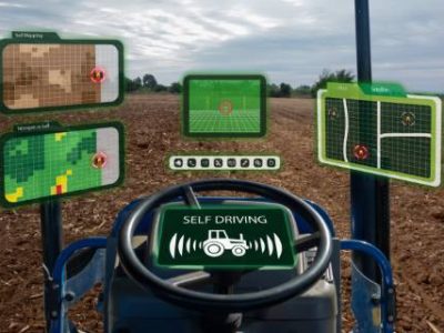 iot smart industry robot 4.0 agriculture concept,industrial agronomist,farmer using autonomous tractor with self driving technology , augmented mixed virtual reality to collect, access, analyze soil
