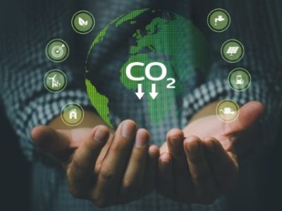 Green Globe hand carbon emissions and environmental protection, the future uses the technology of resources to reduce pollution.
