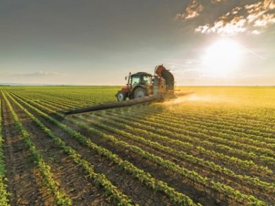 Tractor spraying pesticides on soybean field  with sprayer at spring