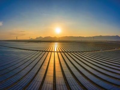Aerial view of Solar panel, photovoltaic, alternative electricity source - concept of sustainable resources on a sunny day, Phuoc Minh, Thuan Nam, Ninh Thuan, Vietnam