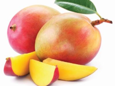 Mango with slices on a white background.