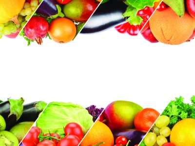 Different useful fruits and vegetables isolated on white background. Collage. Free space for text.