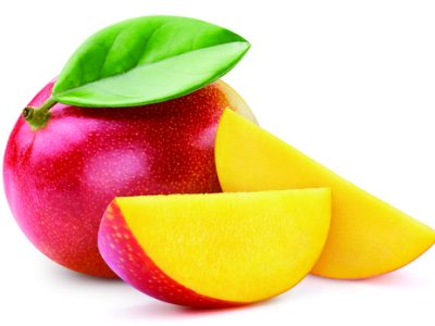 Ripe mango with leaves. Organic mango isolated on white background. Taste mango with leaf. With clipping path