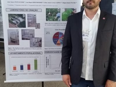 Gerente de pesquisa e desenvolvimento, Dr. Artur Soares, apresentou a primeira tecnologia Ã  base de Baculovírus para o controle da lagarta-falsa-medideira durante o evento " Crédito Divulgação