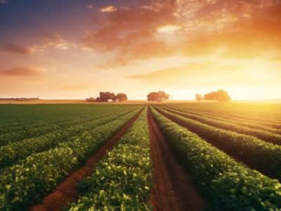 Human hand holding soybean, with field in background sunlight farm