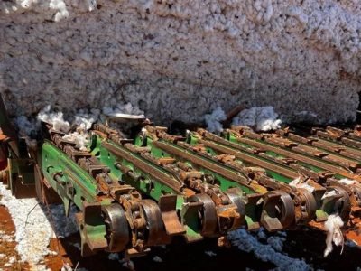 O transmódulo é usado para transportar fardos pré-compactados de algodão do campo à unidade de beneficiamento em Catuti