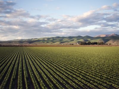 A beautiful shot of a green field surrounded by high mountains under the cloudy sky