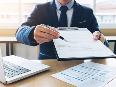 Job application interview, Executive manager filling up the application form to applicant register, Hiring concept.