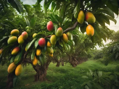 Pés de manga carregados de frutos maduros prontos para a colheita