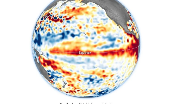 Altas temperaturas (manchas vermelhas) no oceano Pacífico Equatorial, como observado entre 1 e 10 de junho de 2023, são características do El Niño. (Fonte: NOAA)