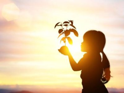 Silhouette,Of,Young,Asian,Girl,Holding,A,Young,Plant,For