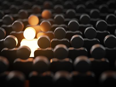 Be Standout 3D Concept, One Man Glowing Among Other People in Dark Condition