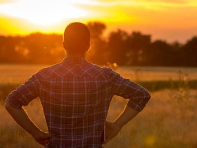 Produtor rural observa lavoura durante feriado de novembro de 2025 no Brasil.