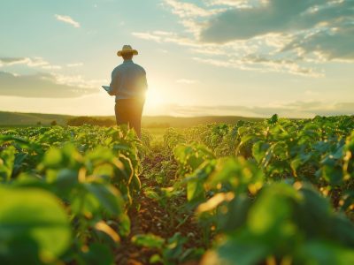 A farmer works on a plantation looking at crop development on a tablet
