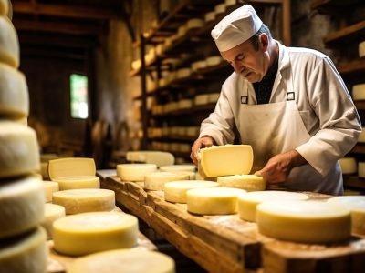 An elderly cheese maker checks the quality of the cheese. Homemade cheese production